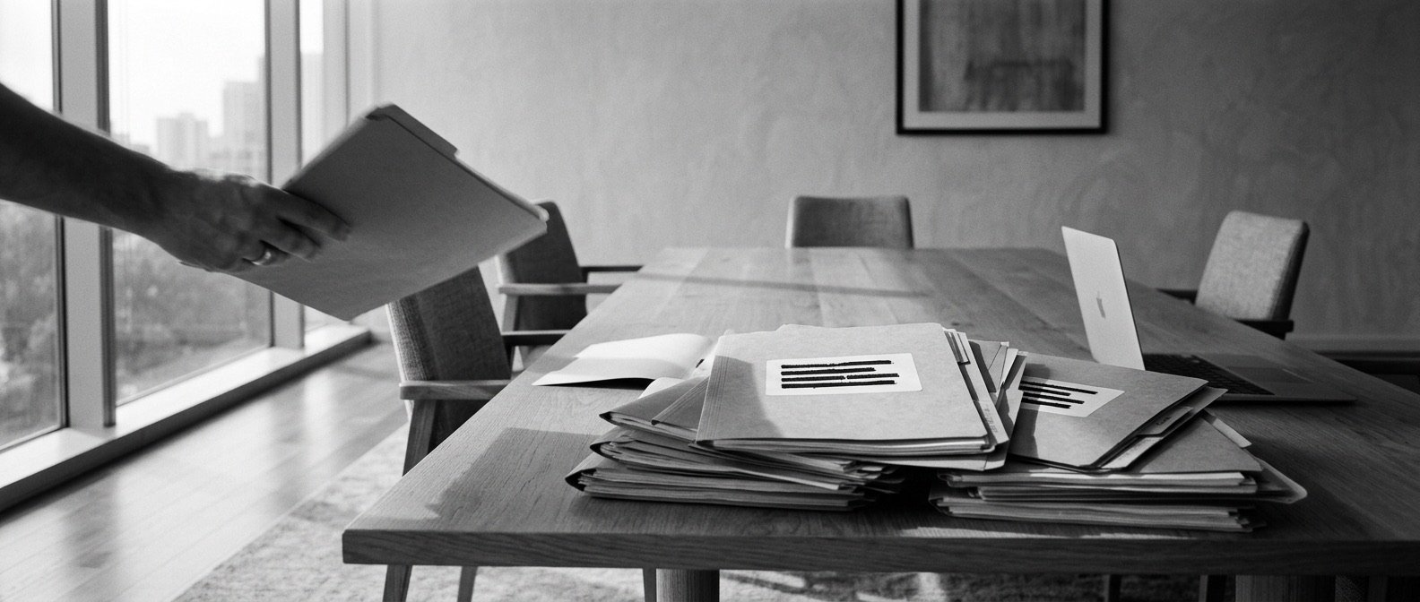 Carpetas de expedientes sobre una mesa de reuniones, en blanco y negro