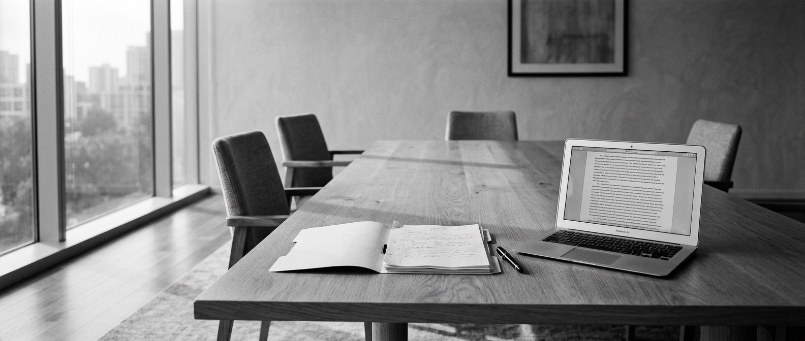 Mesa de trabajo con un cuaderno de notas y un portátil abierto, en blanco y negro