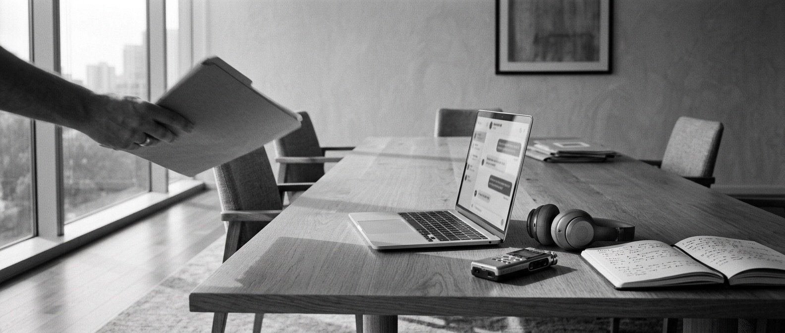 Portátil, auriculares, grabadora y cuaderno sobre una mesa, en blanco y negro